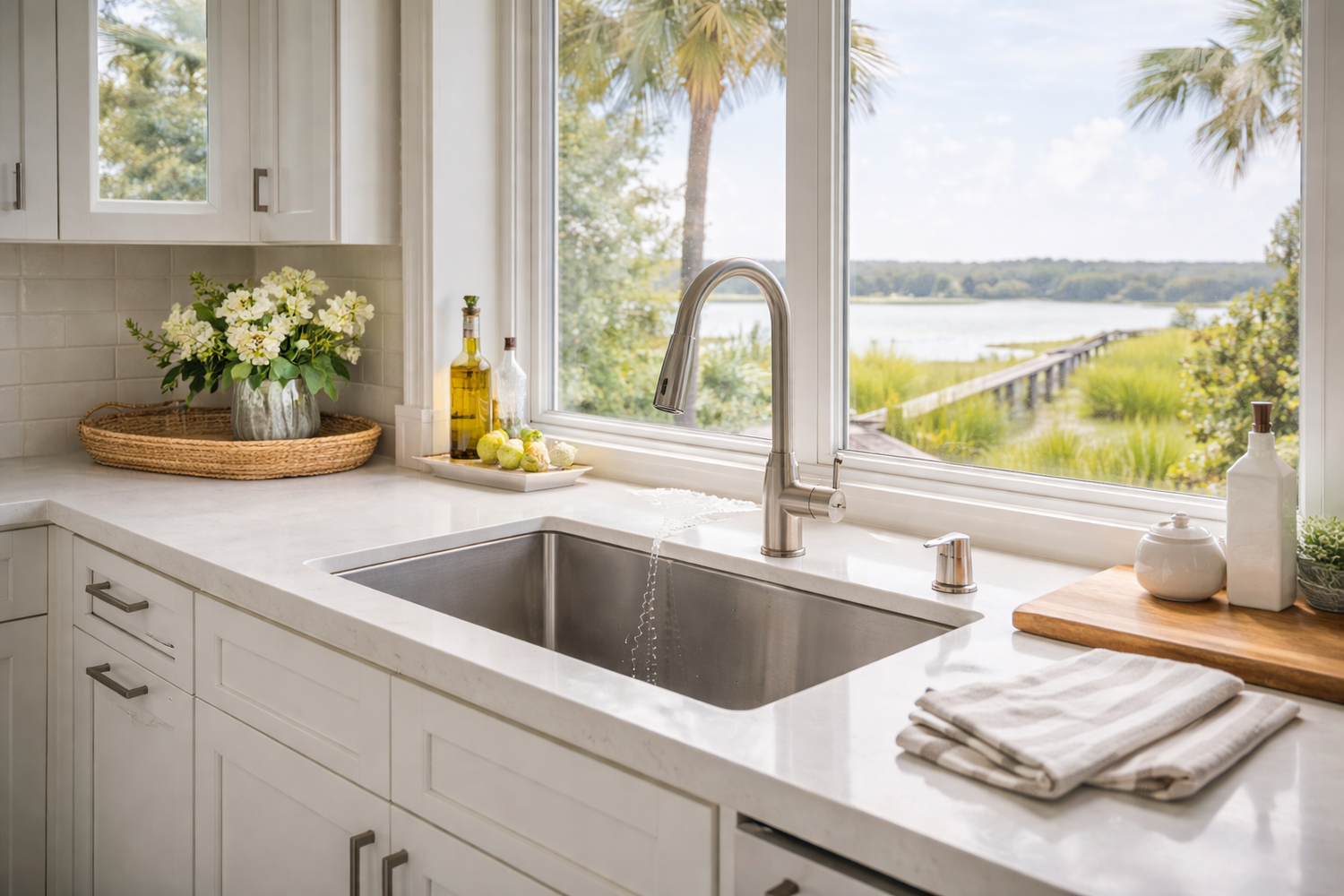 Coastal kitchen sink and plumbing fixtures in an Edisto Island home checked during home watch visits