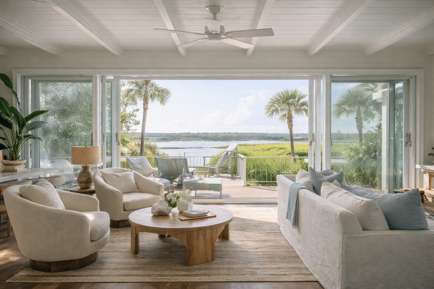 Coastal living room overlooking the marsh on Edisto Island representing interior home watch checks for humidity and property monitoring