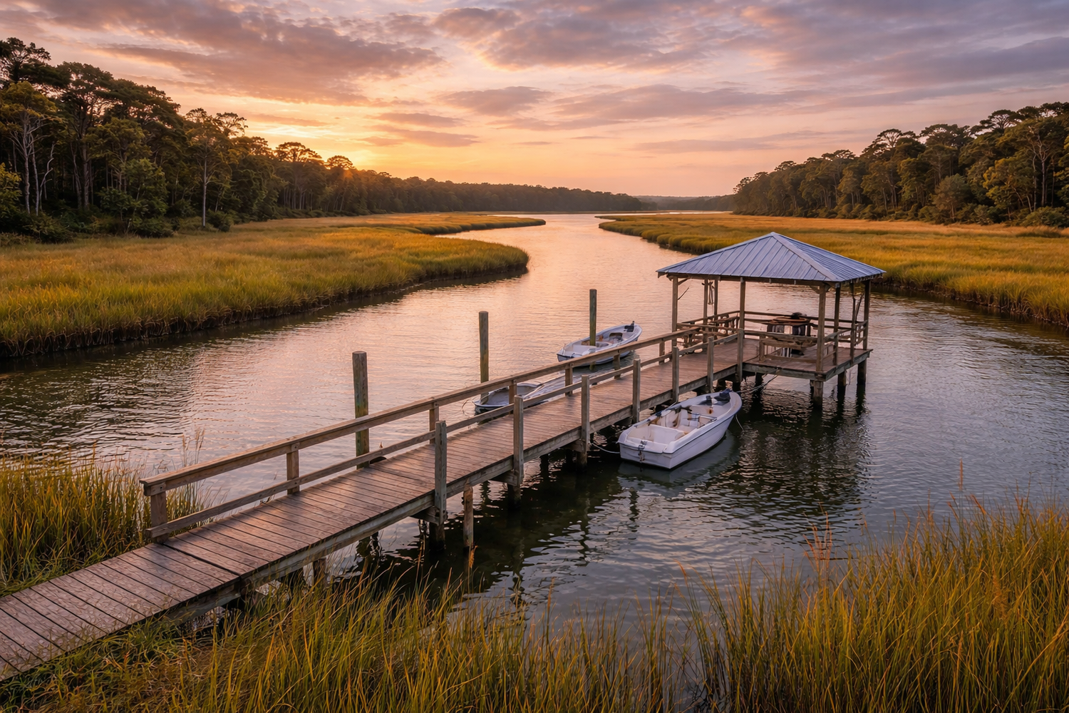 Private dock and boats along a marsh on Edisto Island representing coastal property conditions monitored during home watch visits