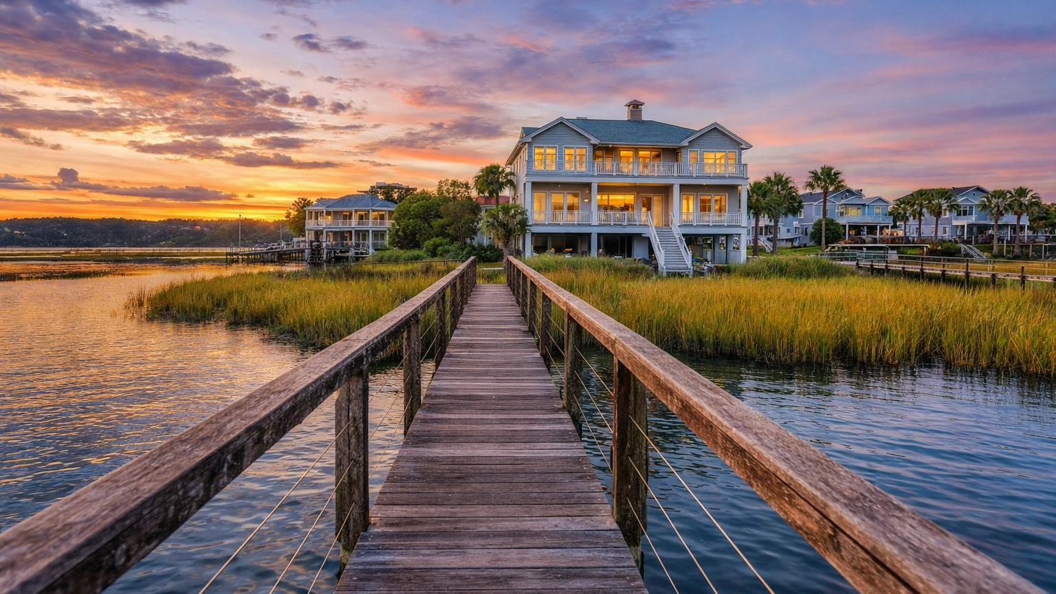 Marsh dock leading to coastal home on Edisto Island, South Carolina representing Edisto home watch services