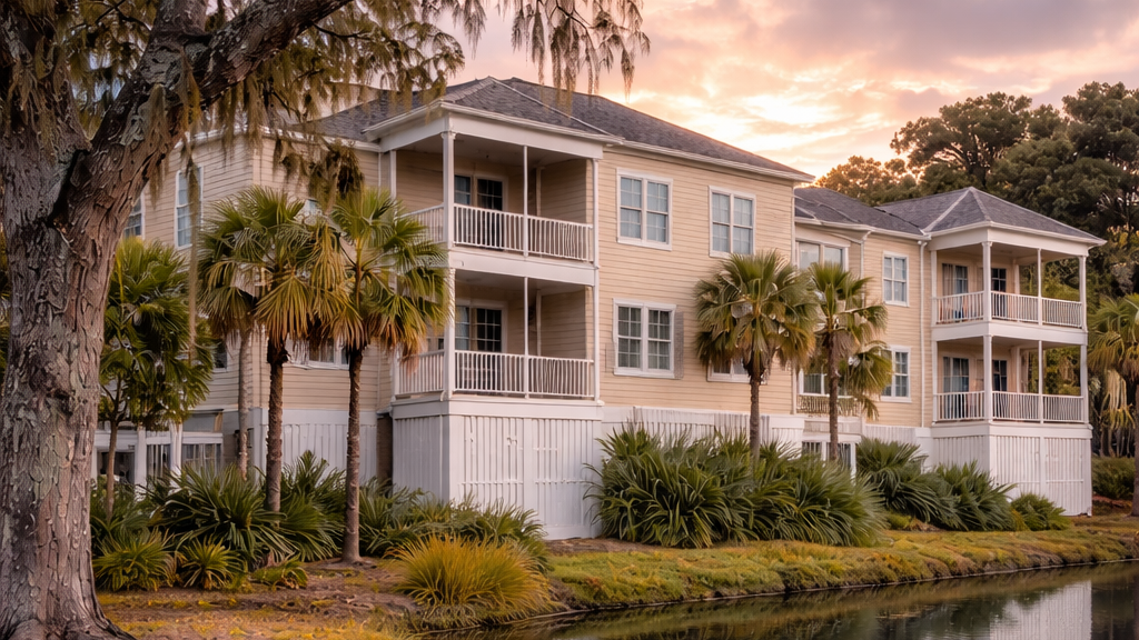 Condo buildings on Edisto Island overlooking a pond surrounded by palm trees and coastal landscaping